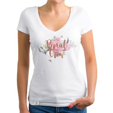 Damen T-Shirt V-Ausschnitt - Braut Crew auf Blumen