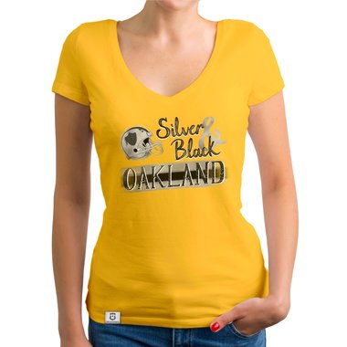 Damen T-Shirt V-Ausschnitt - Silver & Black - Oakland gelb-grau XXL