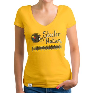 Damen T-Shirt V-Ausschnitt - Steeler Nation - Pittsburgh gelb-schwarz XS