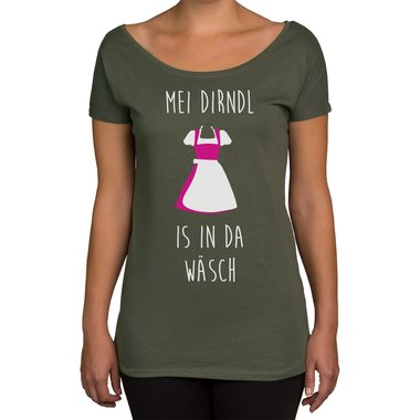 Damen T-Shirt U-Boot-Ausschnitt - Mei Dirndl is in da Wsch oliv-fuchsia XS