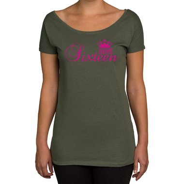 Damen T-Shirt U-Boot-Ausschnitt - Sweet Sixteen oliv-fuchsia XS
