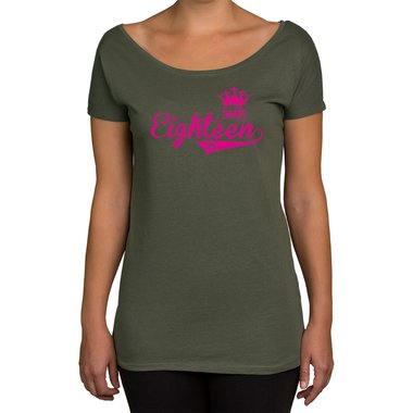 Damen T-Shirt U-Boot-Ausschnitt - Finally Eighteen oliv-fuchsia XS