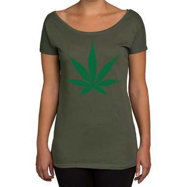 Damen T-Shirt U-Boot-Ausschnitt - Hanfblatt weiss-grn XL