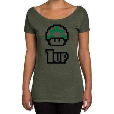 Damen T-Shirt U-Boot-Ausschnitt - Super Mario - 1 Up oliv-schwarz XS