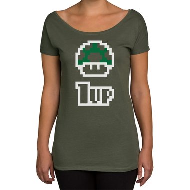 Damen T-Shirt U-Boot-Ausschnitt - Super Mario - 1 Up oliv-schwarz XS