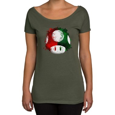 Damen T-Shirt U-Boot-Ausschnitt - Super Mario - Pilz oliv-rot XS