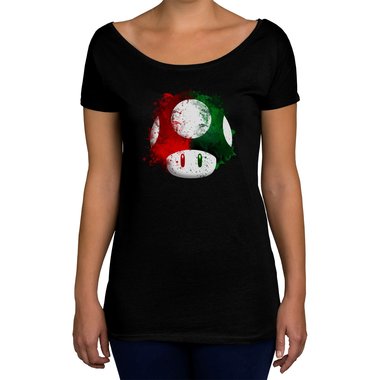 Damen T-Shirt U-Boot-Ausschnitt - Super Mario - Pilz oliv-rot XS