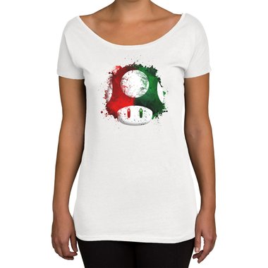 Damen T-Shirt U-Boot-Ausschnitt - Super Mario - Pilz oliv-rot XS