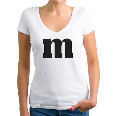 Damen T-Shirt V-Ausschnitt - M und M dunkelgrau-weiss XS