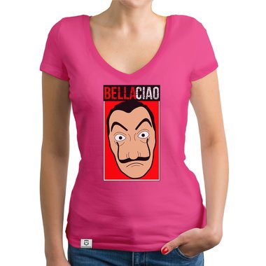 Damen T-Shirt V-Ausschnitt - Bella Ciao dunkelgrau-rot XS