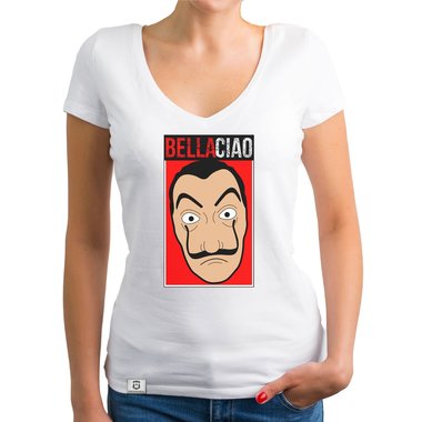 Damen T-Shirt V-Ausschnitt - Bella Ciao weiss-rot XXL