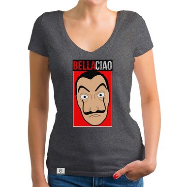 Damen T-Shirt V-Ausschnitt - Bella Ciao weiss-rot XXL