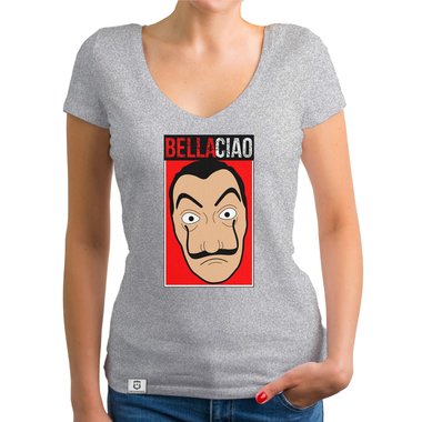 Damen T-Shirt V-Ausschnitt - Bella Ciao weiss-rot XXL