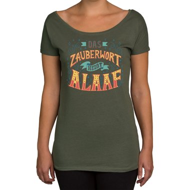 Damen T-Shirt U-Boot-Ausschnitt - Zauberwort Alaaf oliv-gelb XS