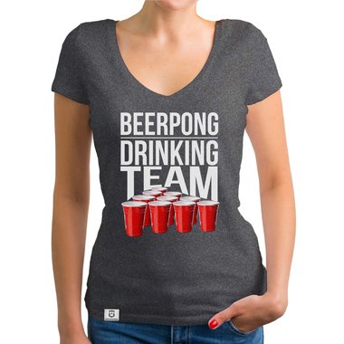 Damen T-Shirt V-Ausschnitt - Beerpong Drinking Team dunkelgrau-weiss XS