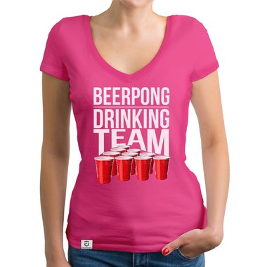 Damen T-Shirt V-Ausschnitt - Beerpong Drinking Team dunkelgrau-weiss XS