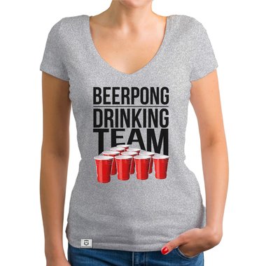 Damen T-Shirt V-Ausschnitt - Beerpong Drinking Team dunkelgrau-weiss XS