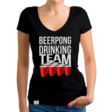 Damen T-Shirt V-Ausschnitt - Beerpong Drinking Team weiss-schwarz XXL