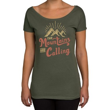 Damen T-Shirt U-Boot-Ausschnitt - Mountains are calling oliv-hellbraun XS