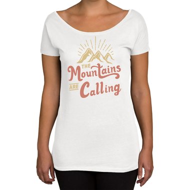 Damen T-Shirt U-Boot-Ausschnitt - Mountains are calling weiss-hellbraun XL