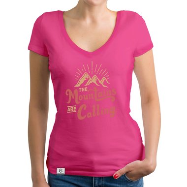 Damen T-Shirt V-Ausschnitt - Mountains are calling dunkelgrau-hellbraun XS
