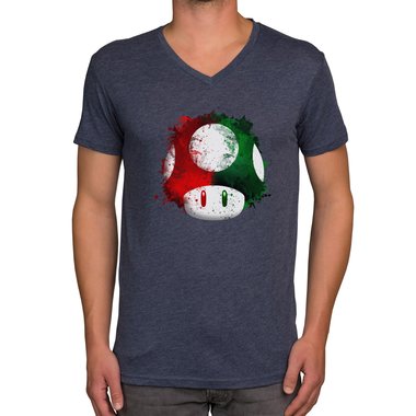 Herren T-Shirt - V-Ausschnitt - Super Mario - Pilz dunkelblau-rot S