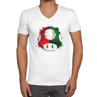 Herren T-Shirt - V-Ausschnitt - Super Mario - Pilz dunkelblau-rot S