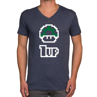 Herren T-Shirt - V-Ausschnitt - Super Mario - 1 Up dunkelblau-weiss S