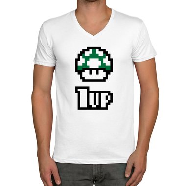 Herren T-Shirt - V-Ausschnitt - Super Mario - 1 Up weiss-schwarz XXXL