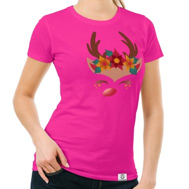 Damen T-Shirt - Happy Rentier dunkelblau-braun S