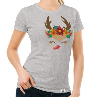Damen T-Shirt - Happy Rentier dunkelblau-braun S
