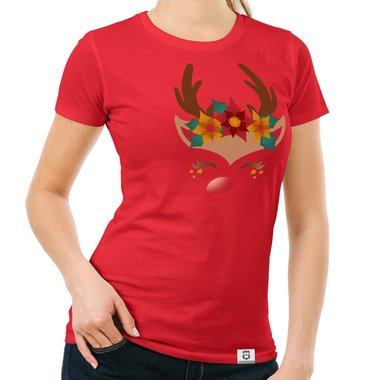 Damen T-Shirt - Happy Rentier dunkelblau-braun S