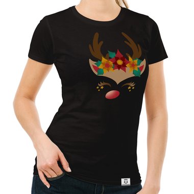 Damen T-Shirt - Happy Rentier dunkelblau-braun S