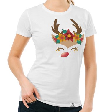 Damen T-Shirt - Happy Rentier dunkelblau-braun S