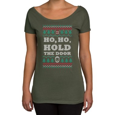 Damen T-Shirt U-Boot-Ausschnitt - Ho, Ho, Hold the Door weiss-schwarz XL