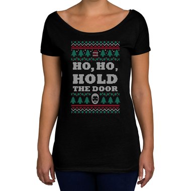 Damen T-Shirt U-Boot-Ausschnitt - Ho, Ho, Hold the Door weiss-schwarz XL