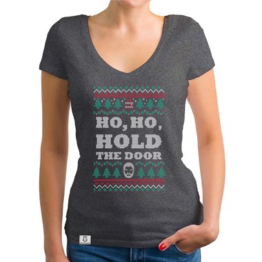 Damen T-Shirt V-Ausschnitt - Ho, Ho, Hold the Door dunkelgrau-weiss XS