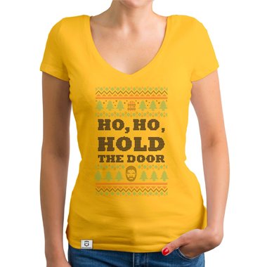 Damen T-Shirt V-Ausschnitt - Ho, Ho, Hold the Door dunkelgrau-weiss XS