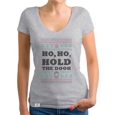 Damen T-Shirt V-Ausschnitt - Ho, Ho, Hold the Door dunkelgrau-weiss XS