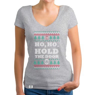 Damen T-Shirt V-Ausschnitt - Ho, Ho, Hold the Door dunkelgrau-weiss XS