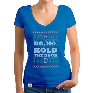 Damen T-Shirt V-Ausschnitt - Ho, Ho, Hold the Door dunkelgrau-weiss XS