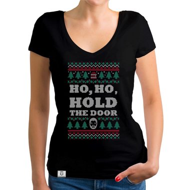 Damen T-Shirt V-Ausschnitt - Ho, Ho, Hold the Door dunkelgrau-weiss XS