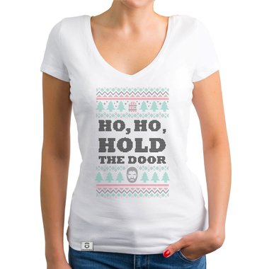 Damen T-Shirt V-Ausschnitt - Ho, Ho, Hold the Door dunkelgrau-weiss XS