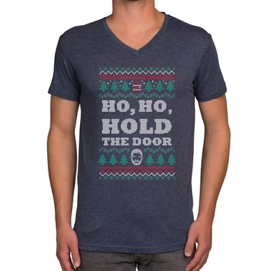 Herren T-Shirt - V-Ausschnitt - Ho, Ho, Hold the Door dunkelblau-weiss S