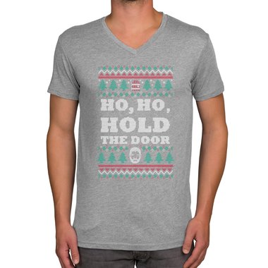 Herren T-Shirt - V-Ausschnitt - Ho, Ho, Hold the Door dunkelblau-weiss S