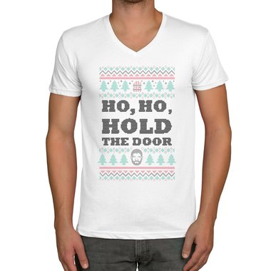 Herren T-Shirt - V-Ausschnitt - Ho, Ho, Hold the Door weiss-schwarz XXXL