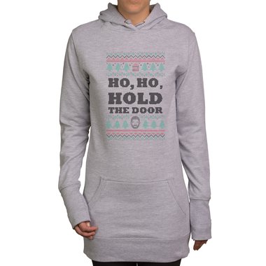 Damen Long Hoodie - Ho, Ho, Hold the Door hellgrau-schwarz XS