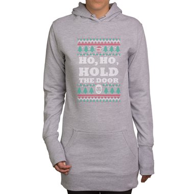 Damen Long Hoodie - Ho, Ho, Hold the Door hellgrau-schwarz XS