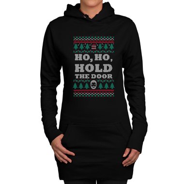 Damen Long Hoodie - Ho, Ho, Hold the Door hellgrau-schwarz XS