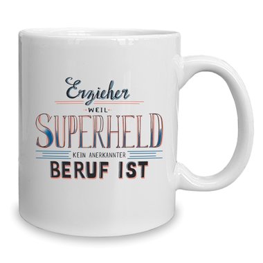 Kaffeebecher - Tasse - Erzieher - Superheld weiss-orange